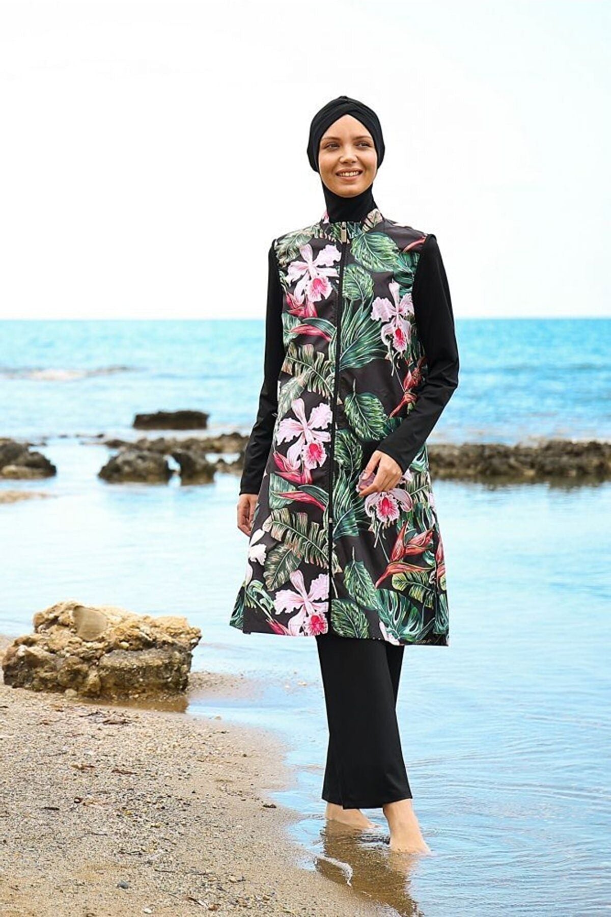 3’lü  Siyah Çiçek Desenli Paraşüt Tam Kapalı Tesettür Mayo 1996 Ürün ikincil görseli