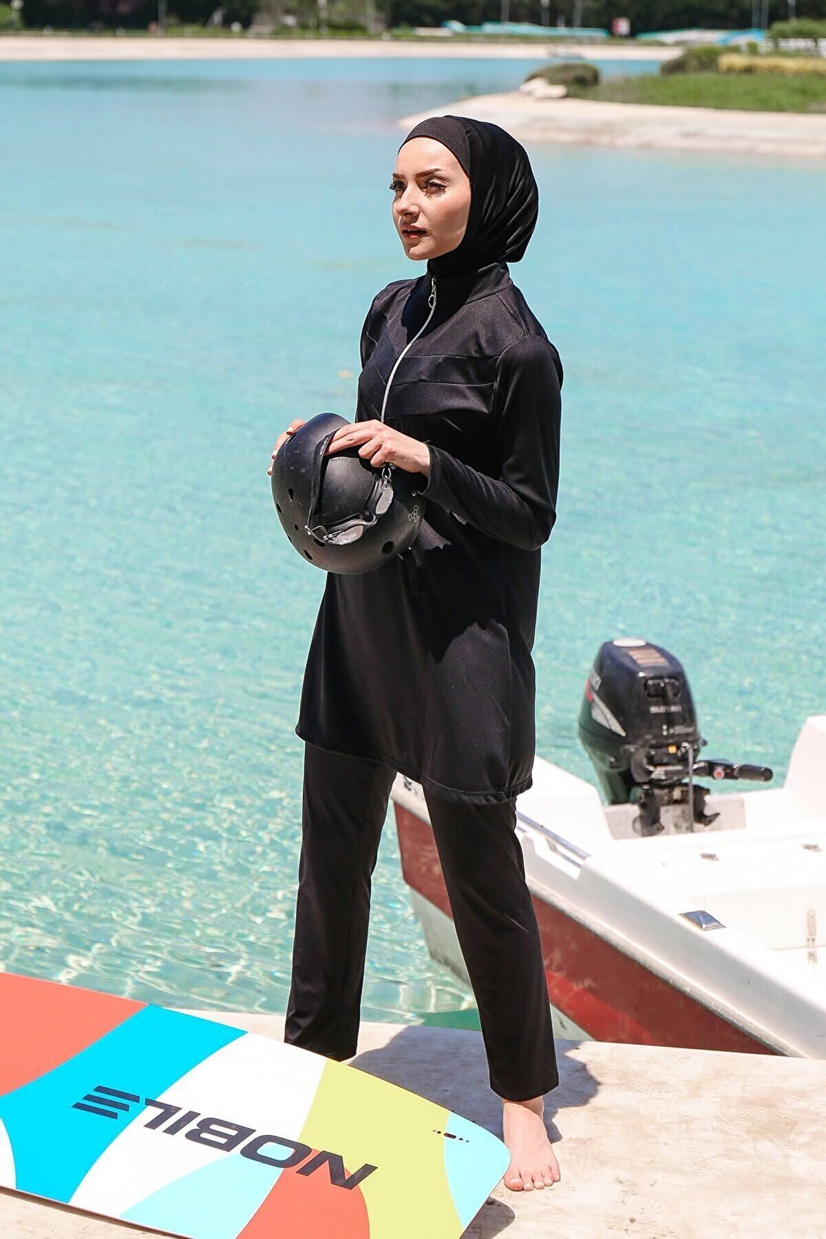 Rivamera 3'lü Siyah Fermuar Detaylı Tam Kapalı Tesettür Mayo R1123