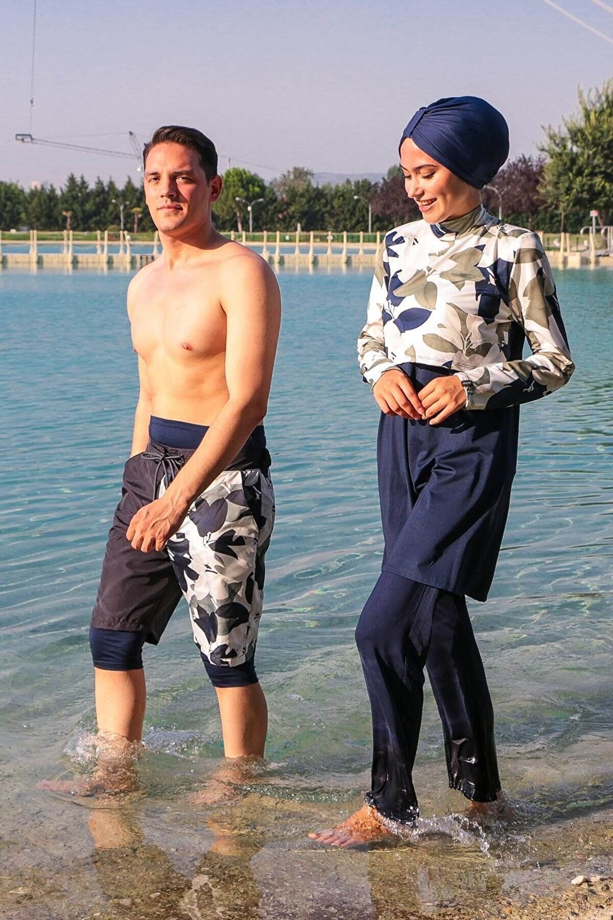 Marina Erkek Lacivert Füme Desenli Tesettür Mayo Deniz Şortu S2107