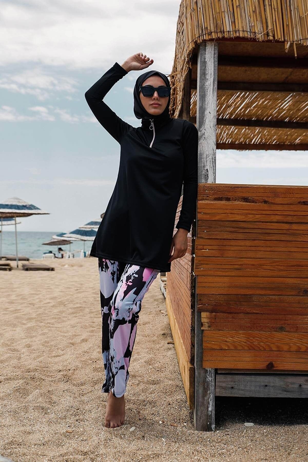 Rivamera 4'lü Siyah Desen Tam Kapalı Tesettür Mayo R1101 Ürün ikincil görseli