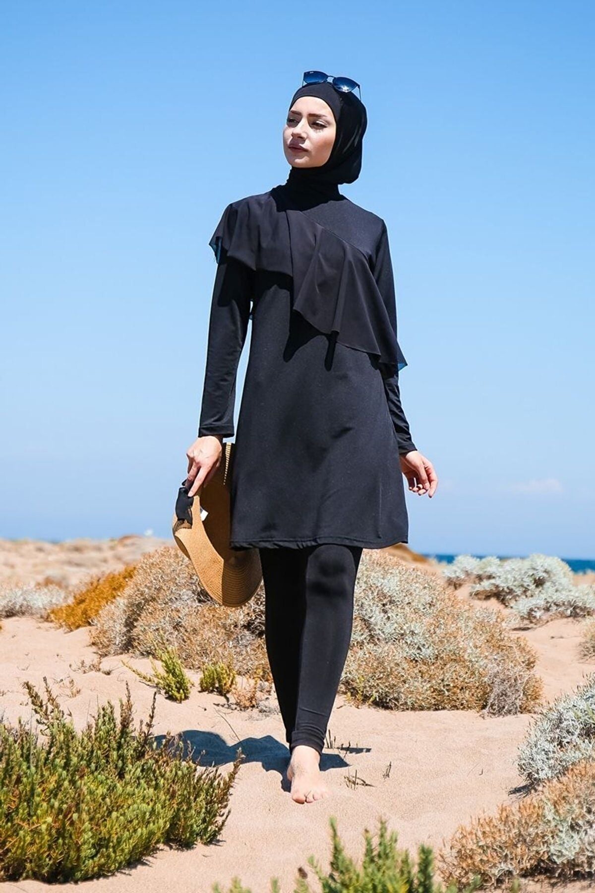 4’lü Siyah Volan Detaylı Tam Kapalı Tesettür Mayo M2034 Ürün ikincil görseli