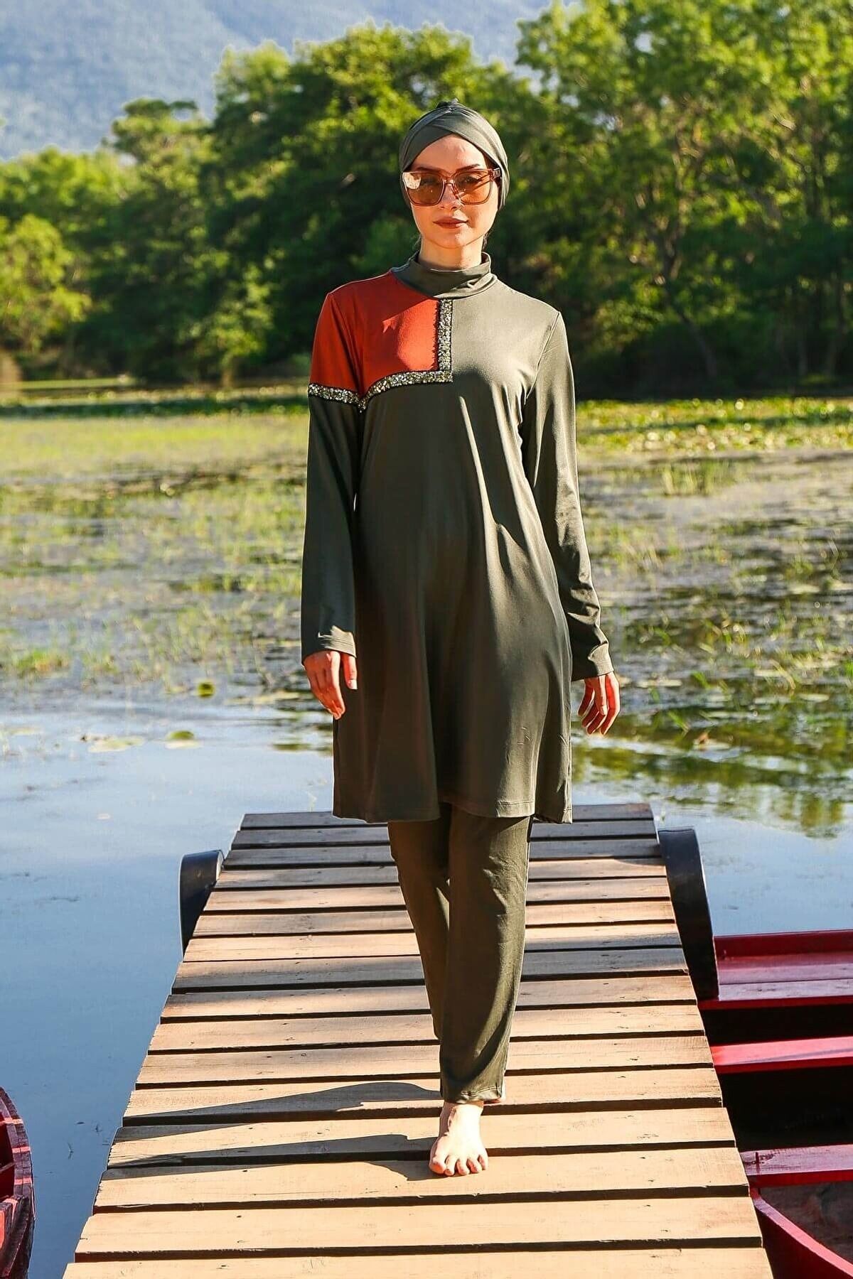 Tam Kapalı Tesettür Mayo Haki Likralı 3 Parça M2108