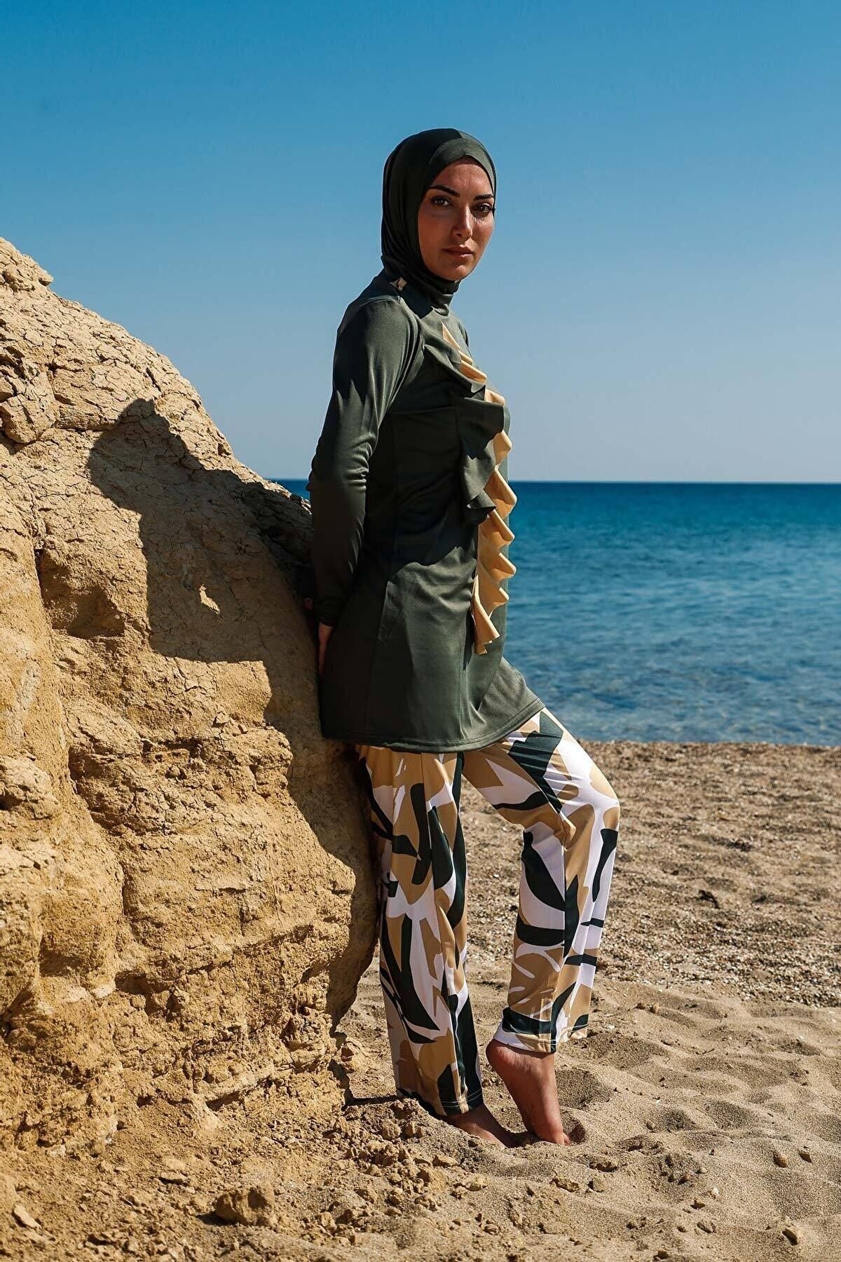 Rivamera 4'lü Haki Volan Detaylı Tam Kapalı Tesettür Mayo R1105 Ürün ikincil görseli