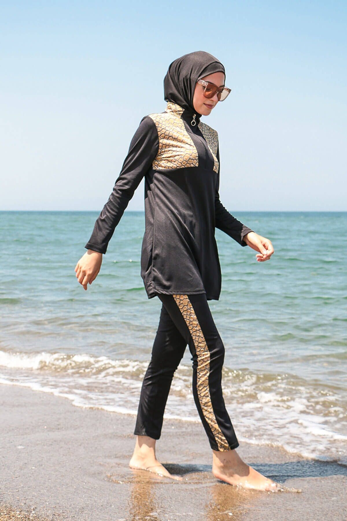 Rivamera 4'lü Siyah Yılan Derisi Desenli Tam Kapalı Tesettür Mayo R1121 Ürün ana görseli