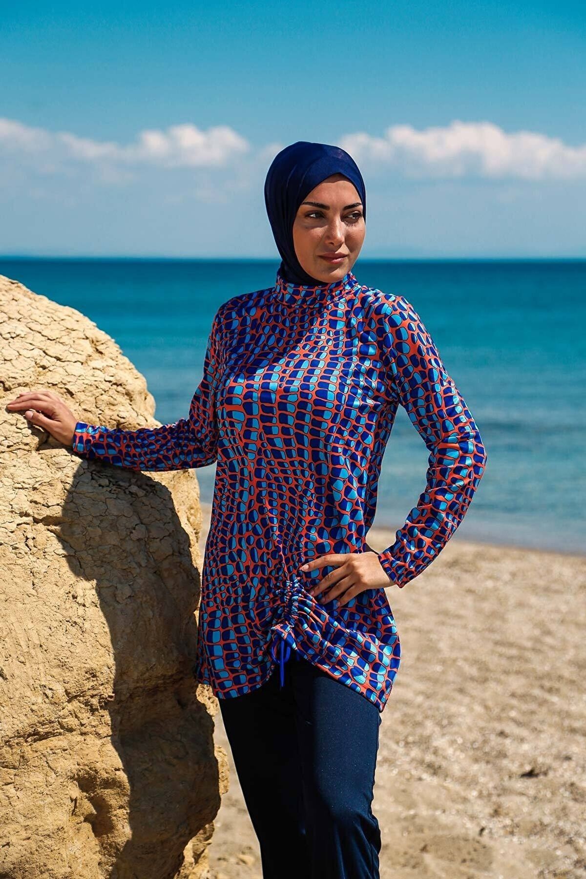 Rivamera 4'lü Lacivert Desenli Tam Kapalı Tesettür Mayo R1104