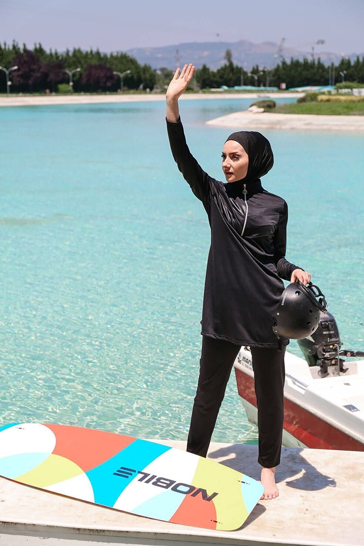 Rivamera 3'lü Siyah Fermuar Detaylı Tam Kapalı Tesettür Mayo R1123