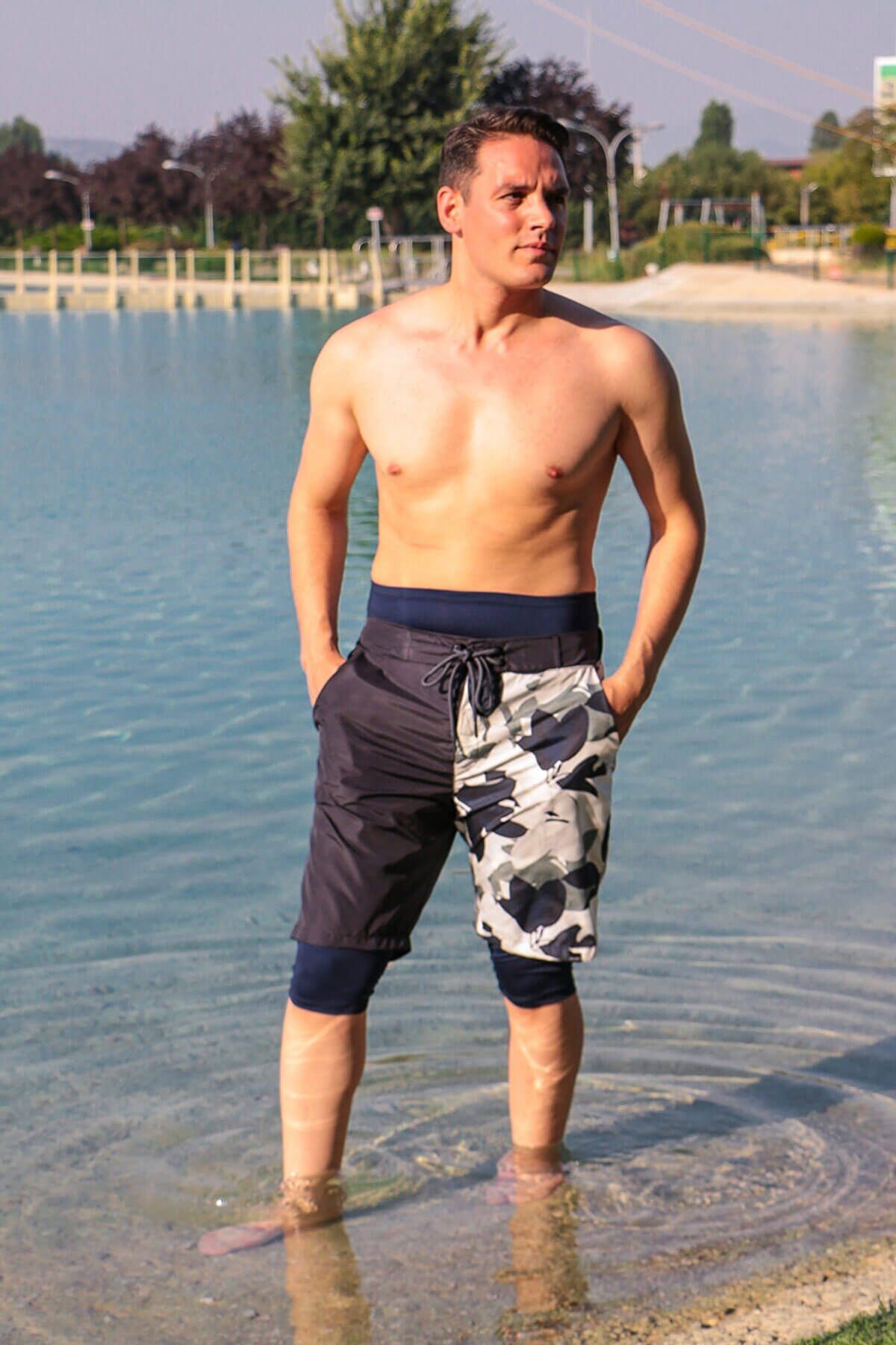 Marina Erkek Lacivert Füme Desenli Tesettür Mayo Deniz Şortu S2107