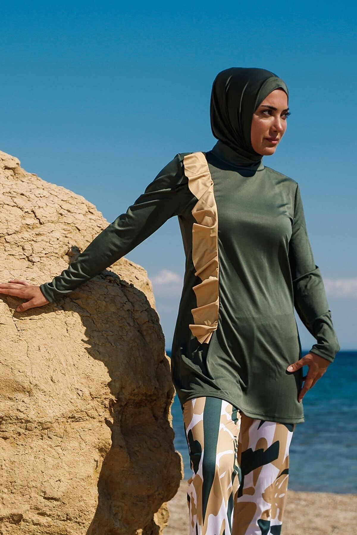 Rivamera 4'lü Haki Volan Detaylı Tam Kapalı Tesettür Mayo R1105 Ürün ana görseli