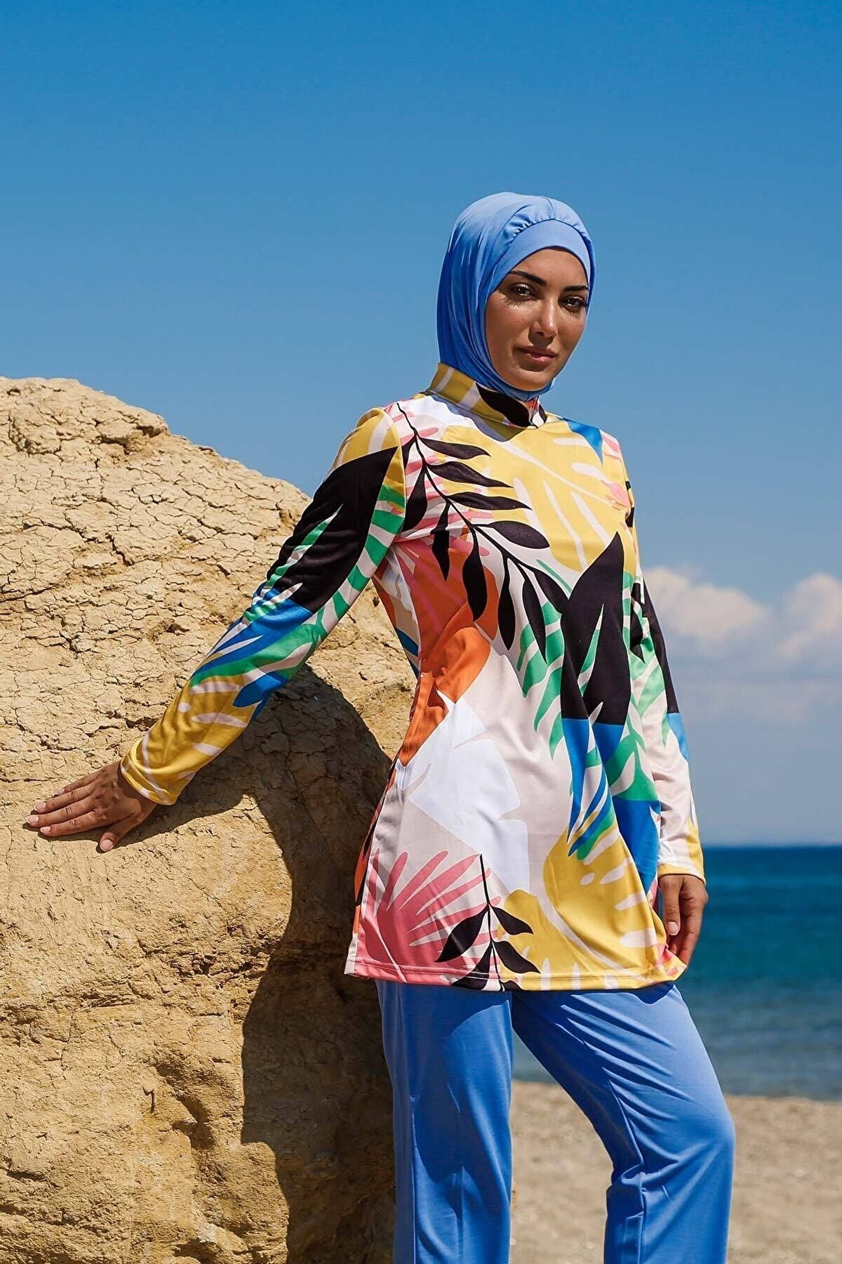 Rivamera 3'lü Mavi Tropik Yaprak Desenli Tam Kapalı Tesettür Mayo R1110