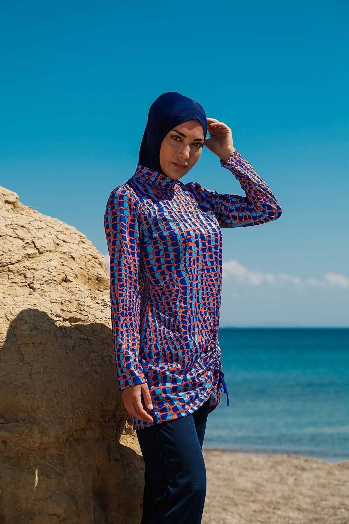 Rivamera 4'lü Lacivert Desenli Tam Kapalı Tesettür Mayo R1104
