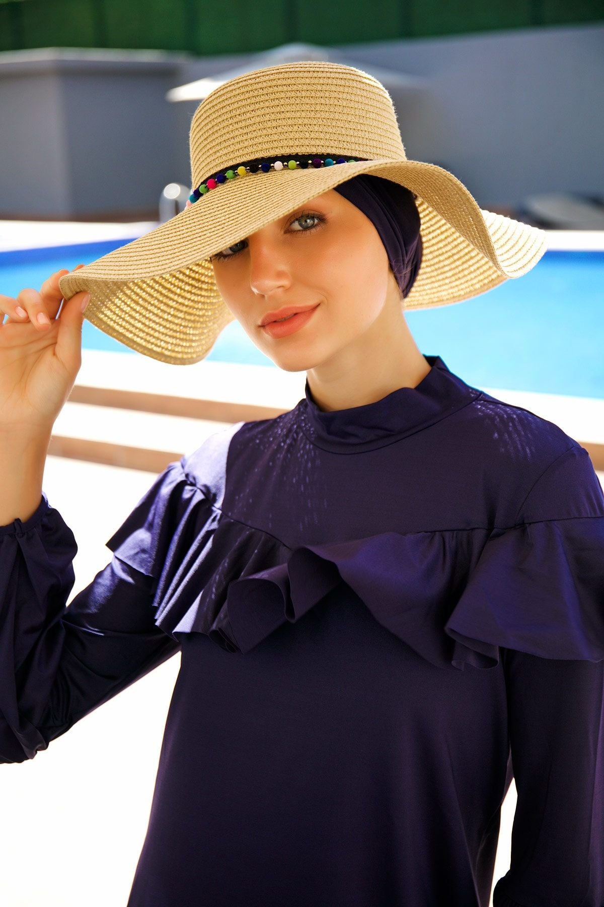 Ponpon Şeritli Geniş Hasır Bej Şapka 1423216 Ürün ana görseli