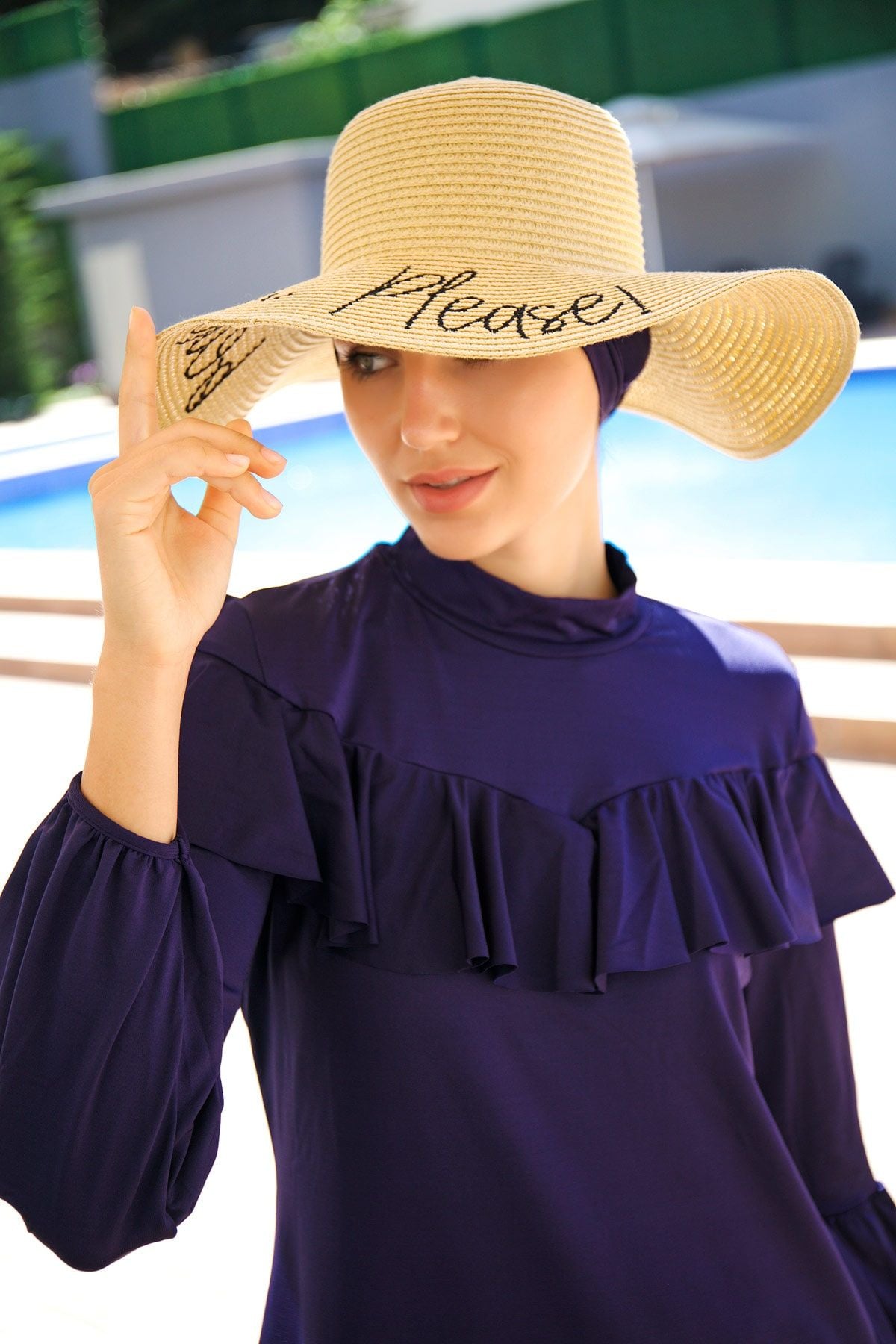 Yazılı Bej Hasır Kloş Şapka 142329 Ürün ana görseli