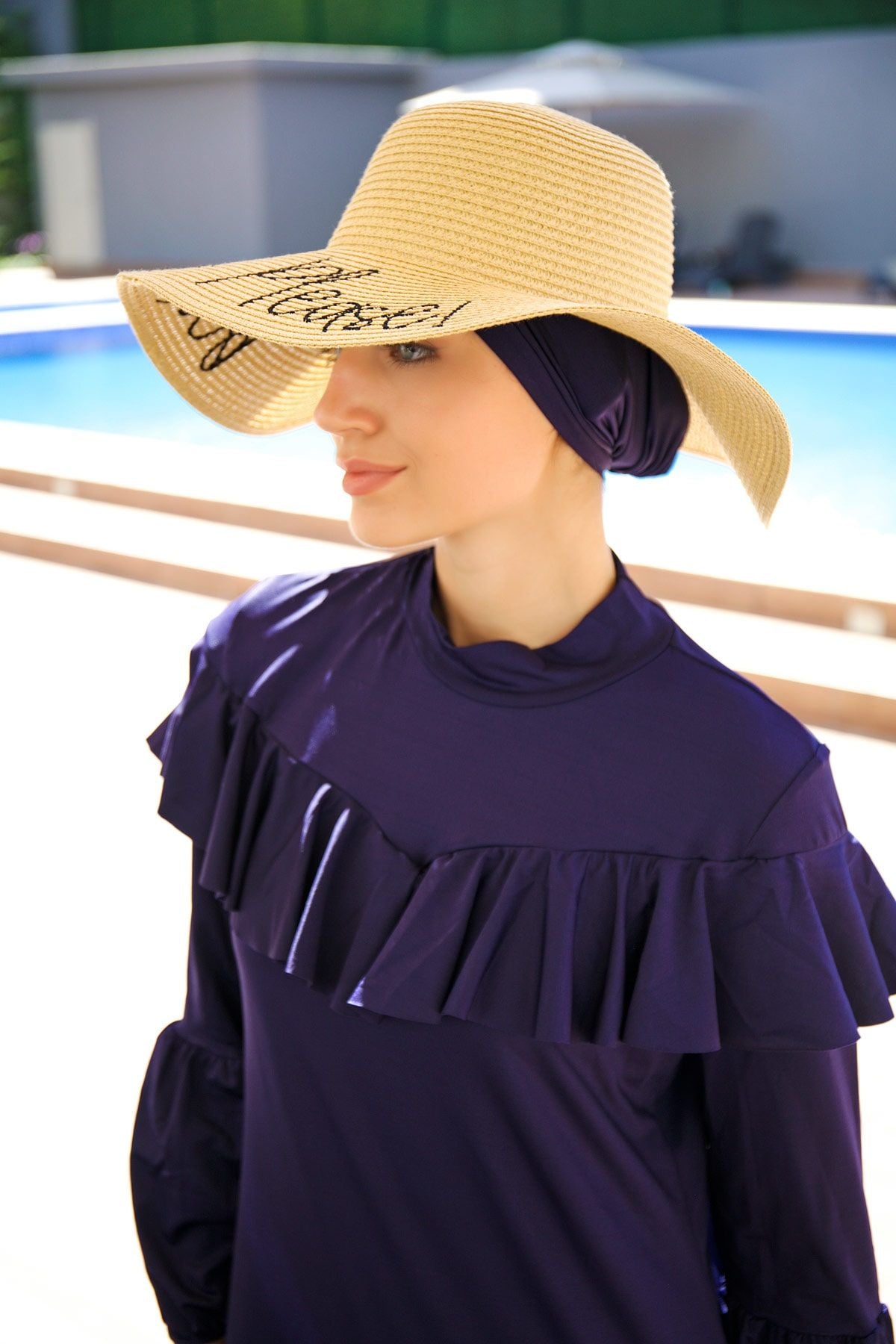 Yazılı Bej Hasır Kloş Şapka 142329 Ürün ikincil görseli