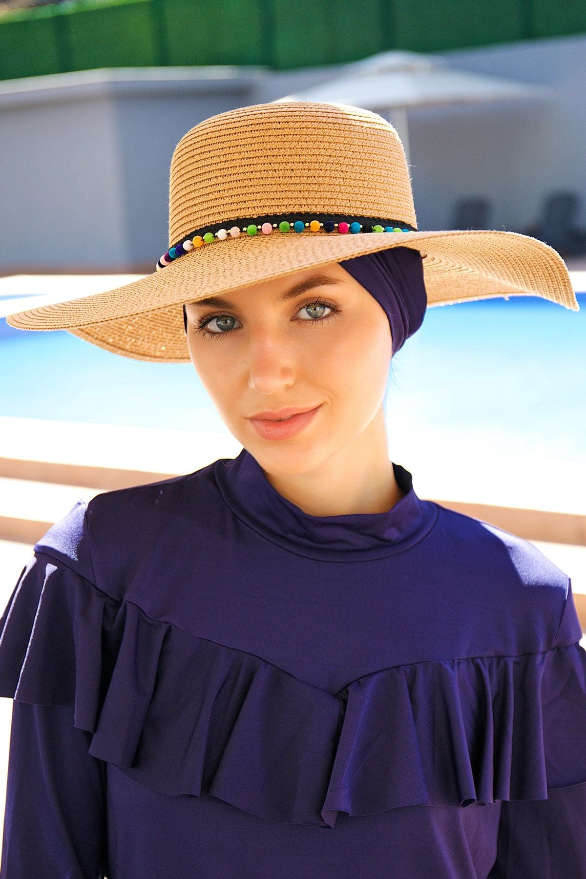 Ponpon Şeritli Geniş Hasır Camel Şapka 1423216