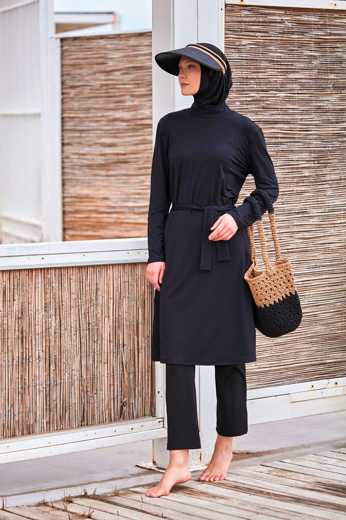 Likralı Siyah Tam Kapalı Tesettür Mayo M2461