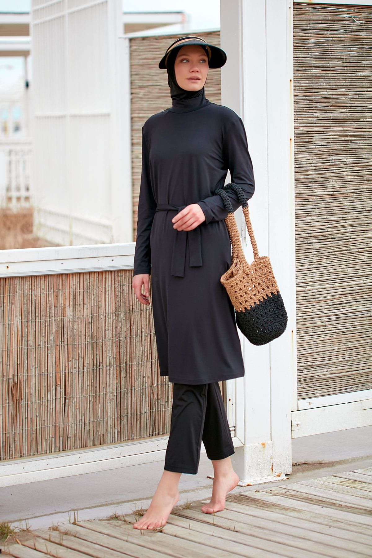 Likralı Siyah Tam Kapalı Tesettür Mayo M2461