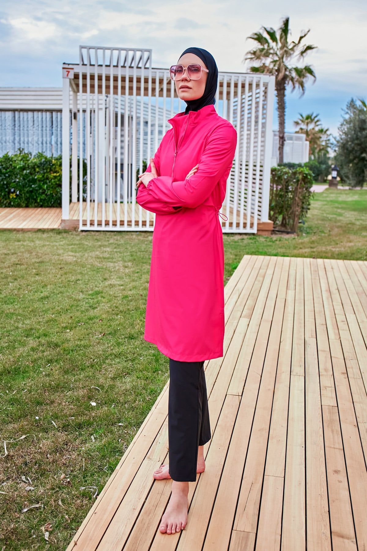 Paraşüt Kumaş Pembe Tam Kapalı Tesettür Mayo M2408