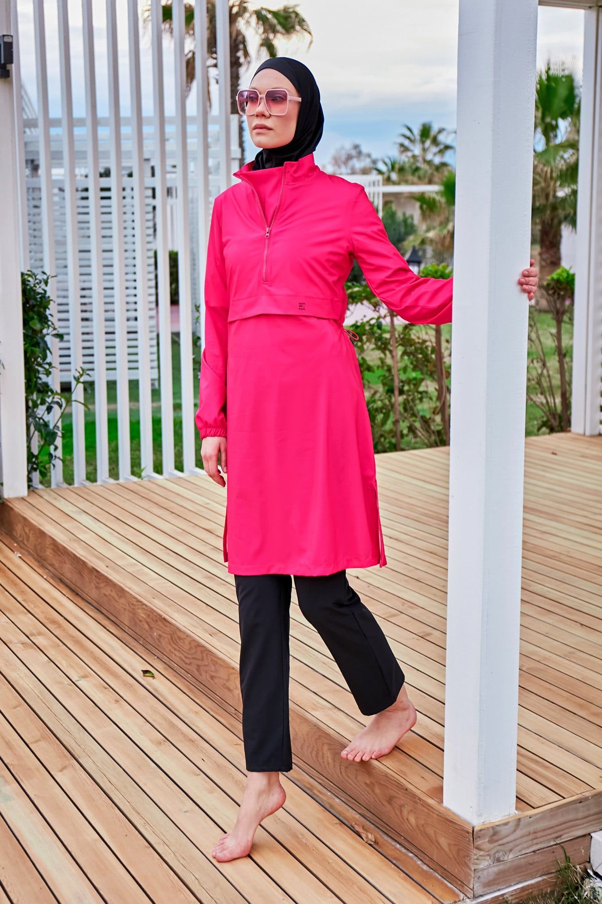 Paraşüt Kumaş Pembe Tam Kapalı Tesettür Mayo M2408