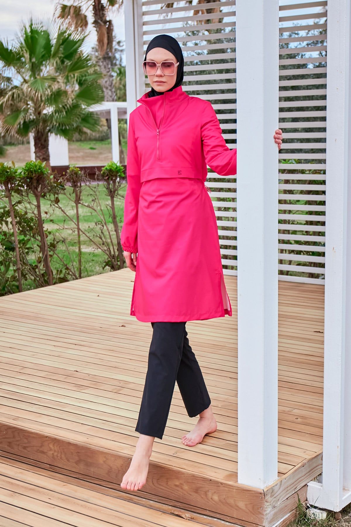 Paraşüt Kumaş Pembe Tam Kapalı Tesettür Mayo M2408