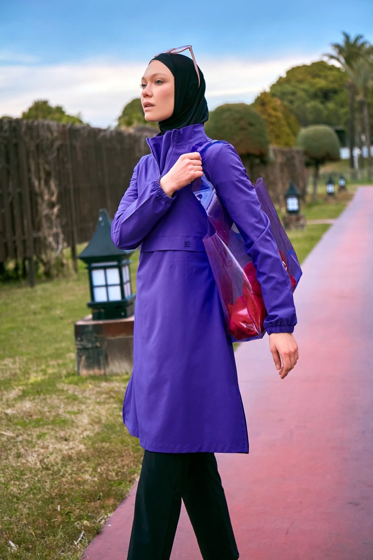 Paraşüt Kumaş Mor Tam Kapalı Tesettür Mayo M2409