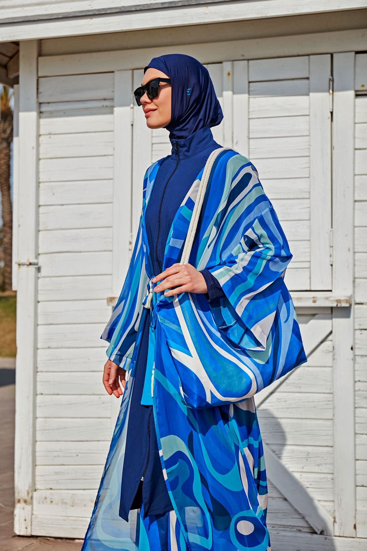 Desenli Mavi Kimono Kaftan P2403