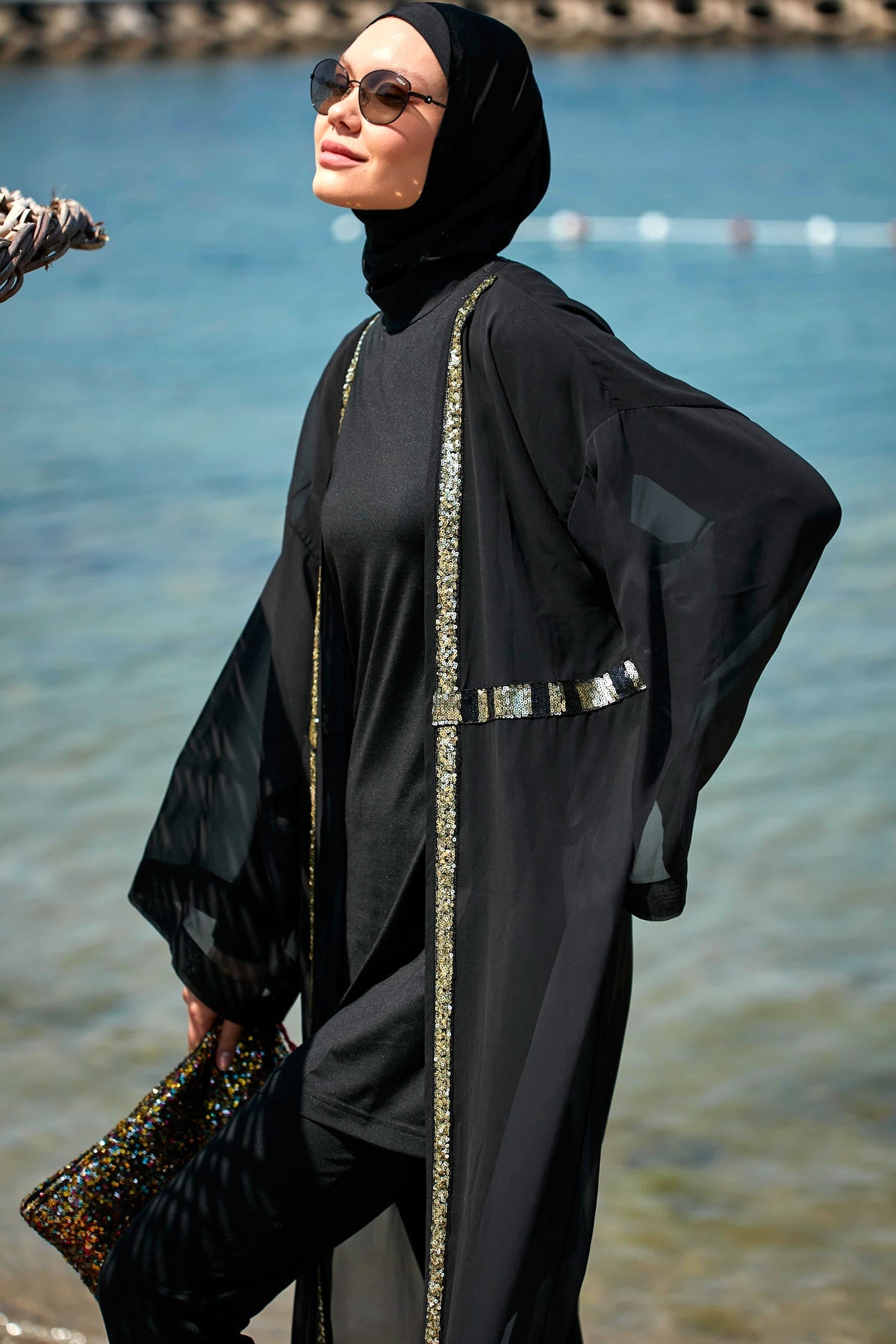 Payetli Siyah Plaj Kimono Kaftan – P2346 Ürün ana görseli