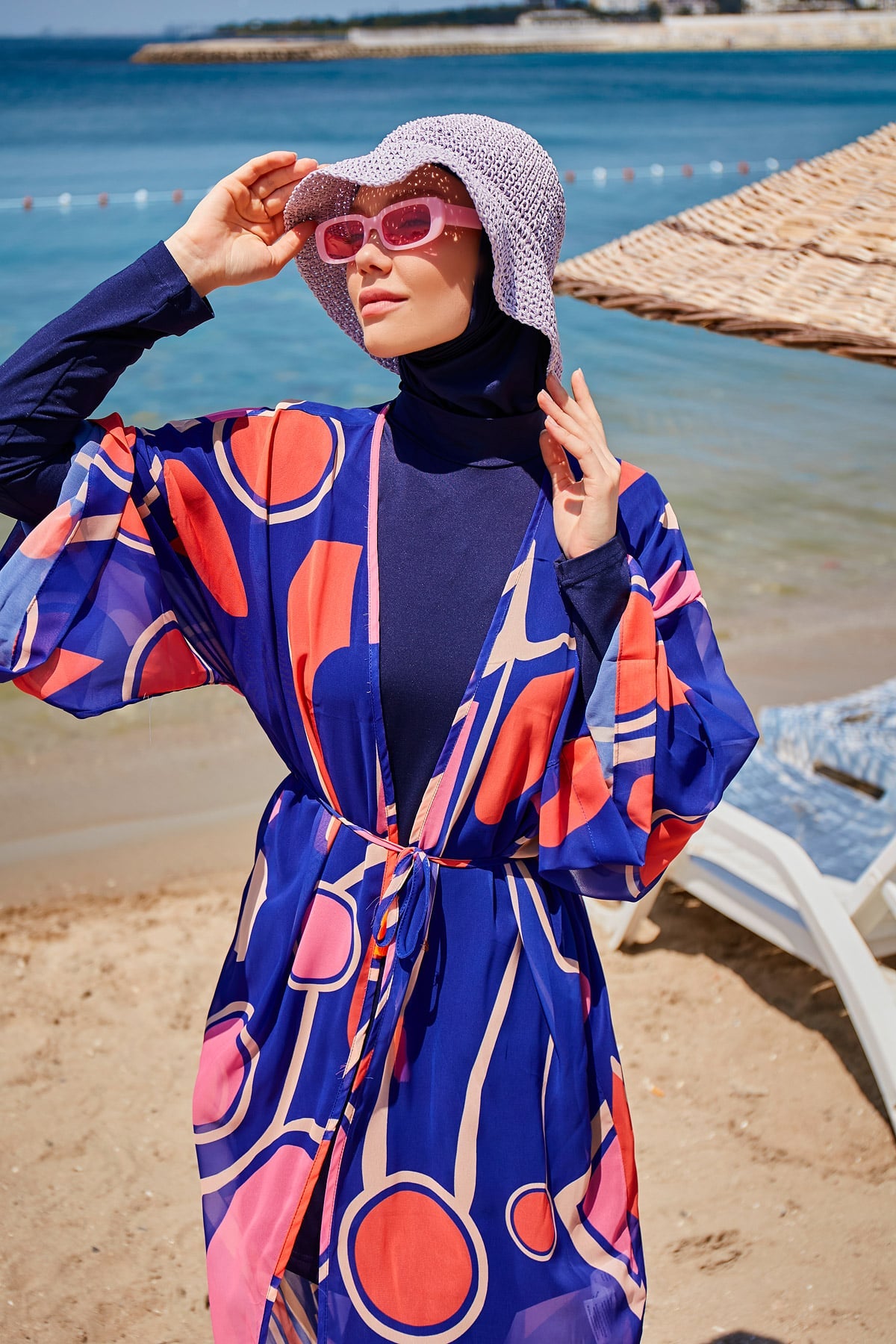 Geometrik Desenli Saks Plaj Kimono Kaftan – P2339 Ürün ana görseli