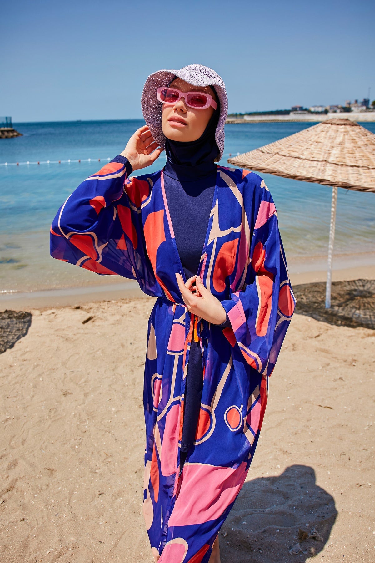 Geometrik Desenli Saks Plaj Kimono Kaftan – P2339 Ürün ikincil görseli