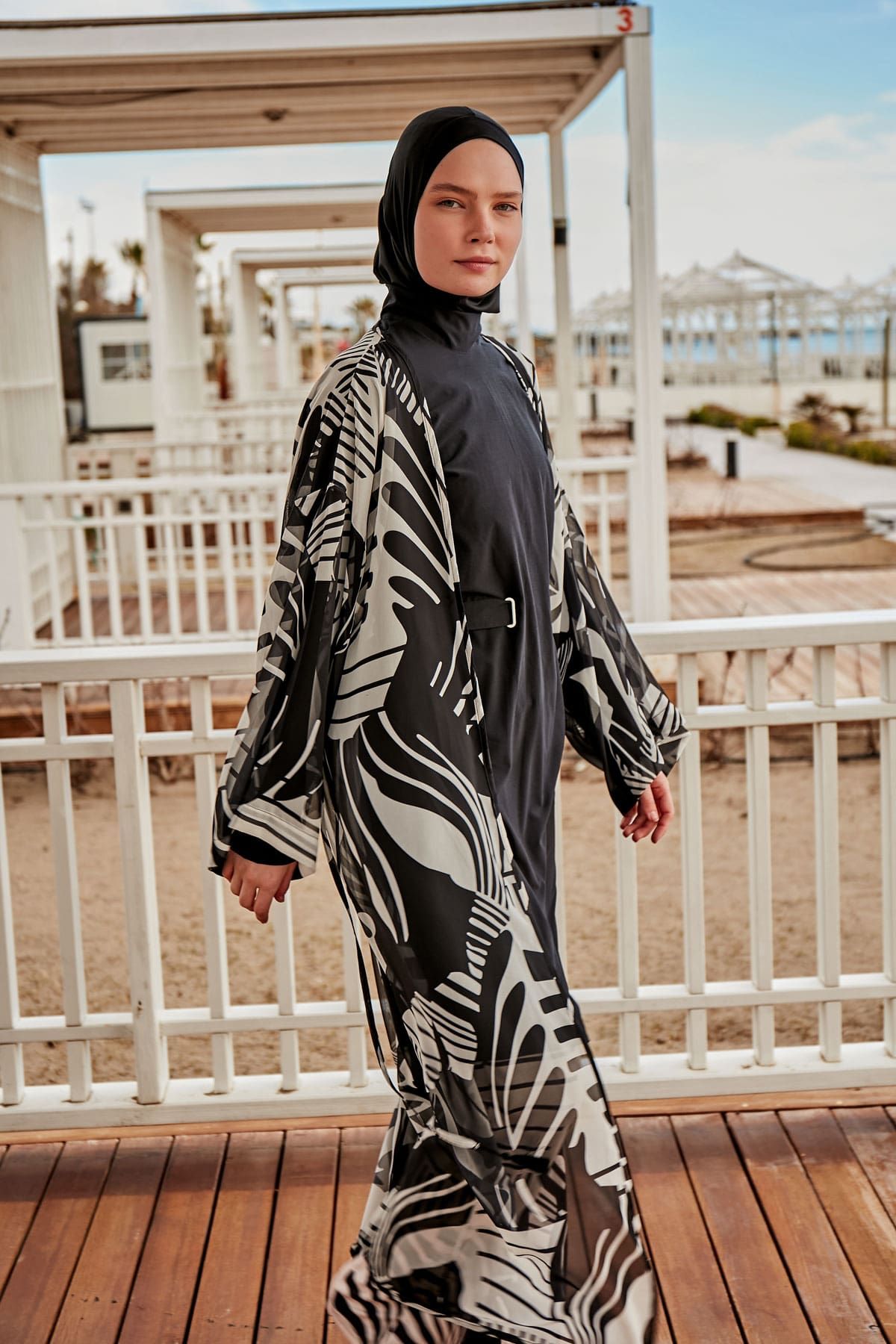 Desenli Siyah Kimono Kaftan P2401