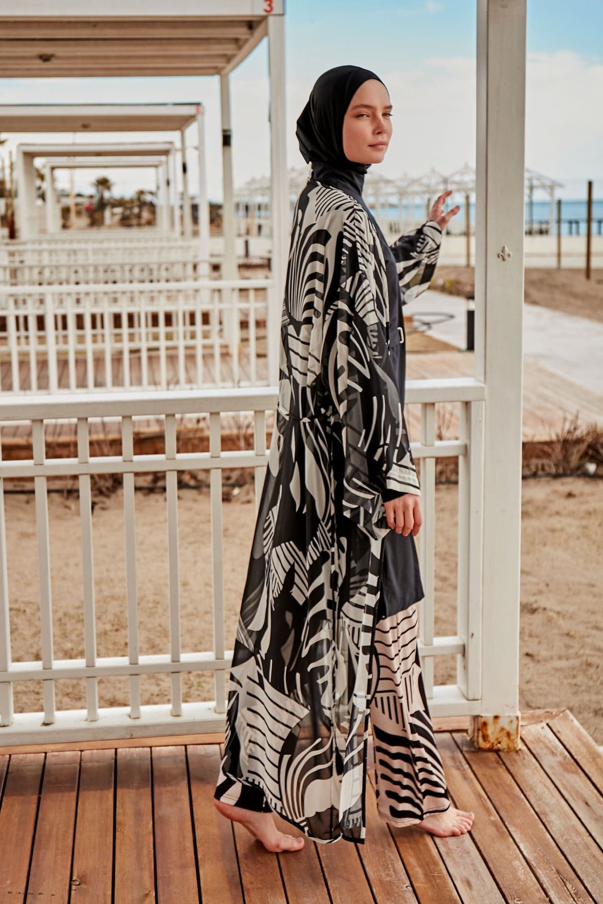 Desenli Siyah Kimono Kaftan P2401