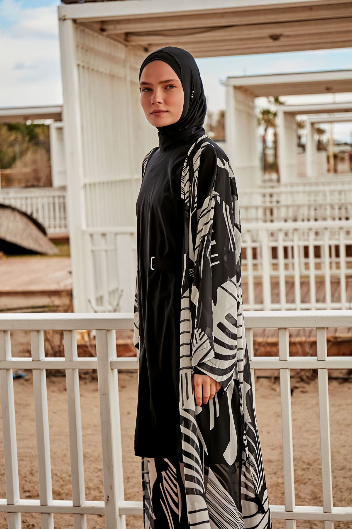 Desenli Siyah Kimono Kaftan P2401