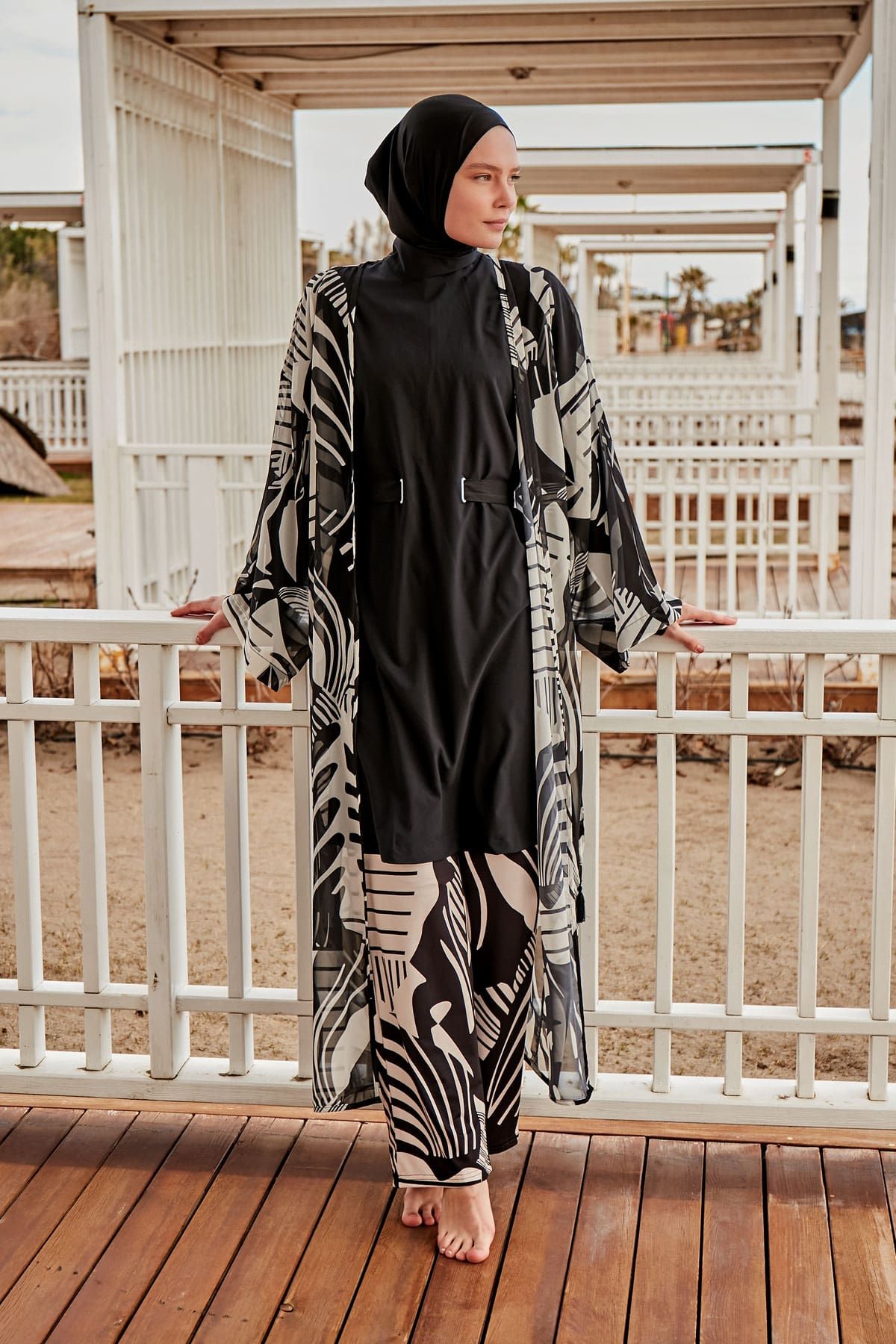 Desenli Siyah Kimono Kaftan P2401