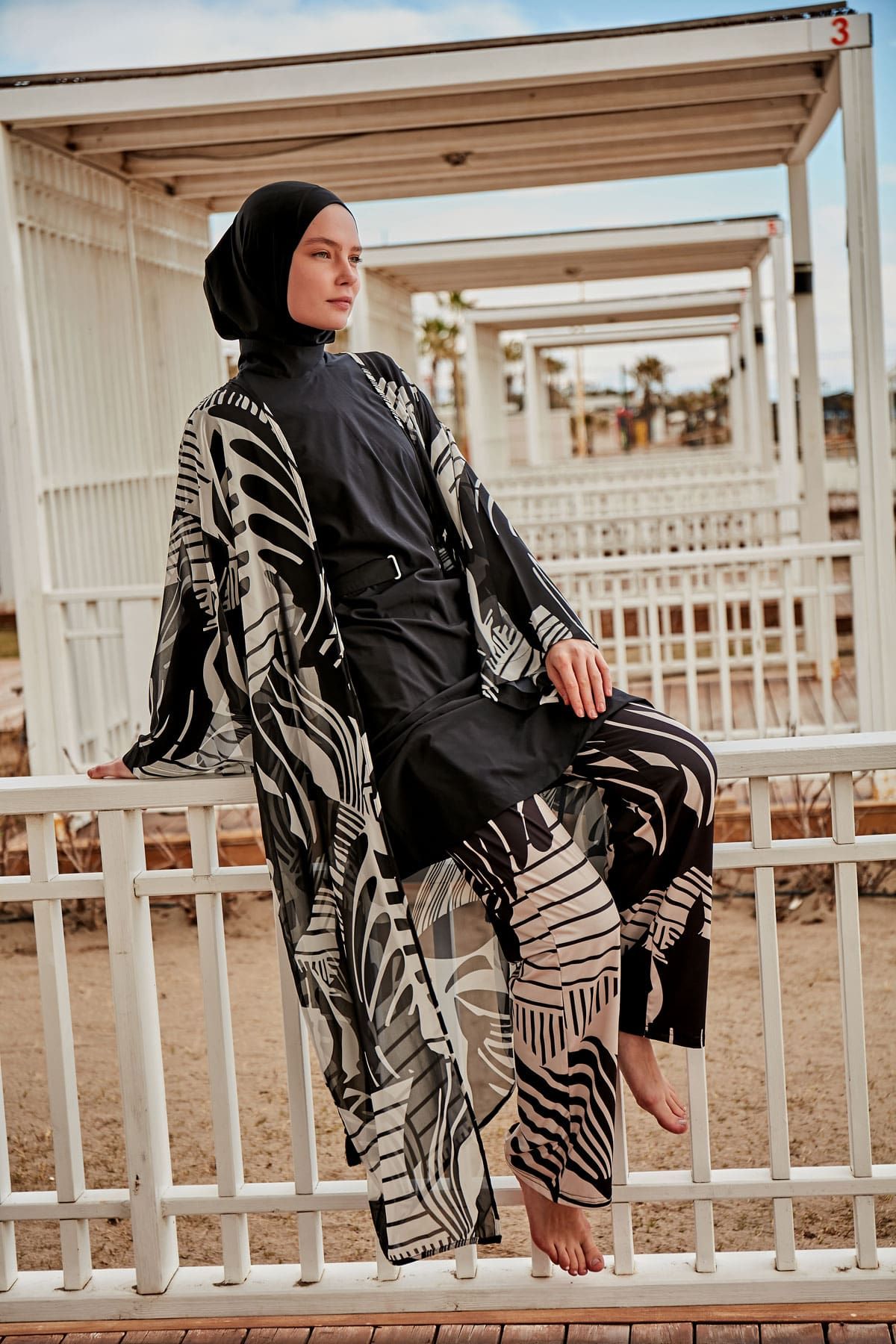 Desenli Siyah Kimono Kaftan P2401