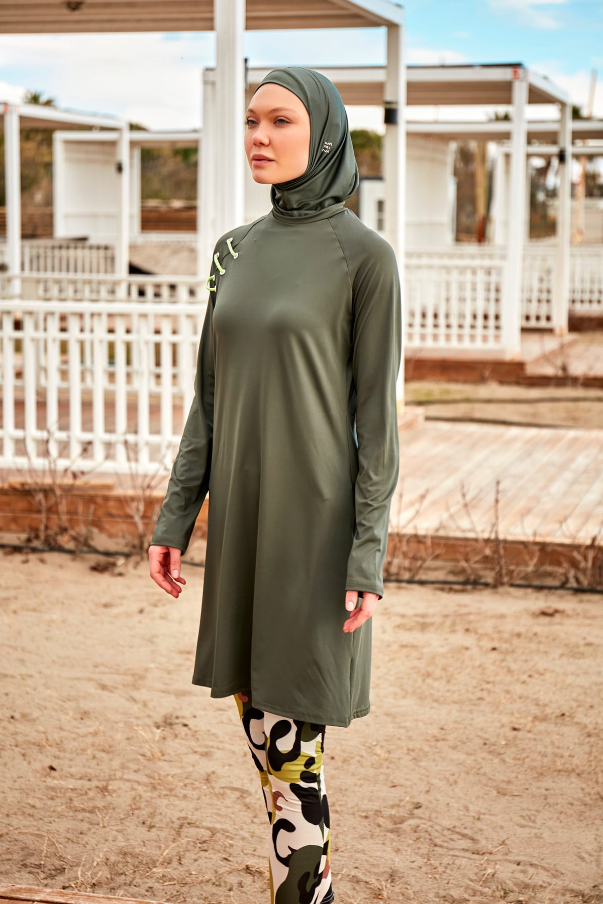 Likralı Haki Tam Kapalı Tesettür Mayo M2467