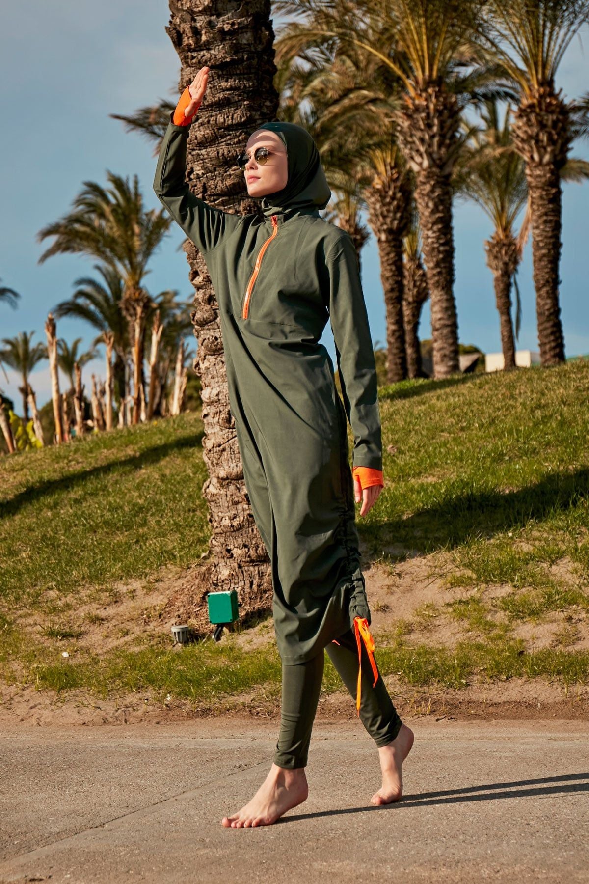 Paraşüt Kumaş Haki Tam Kapalı Tesettür Mayo M2413