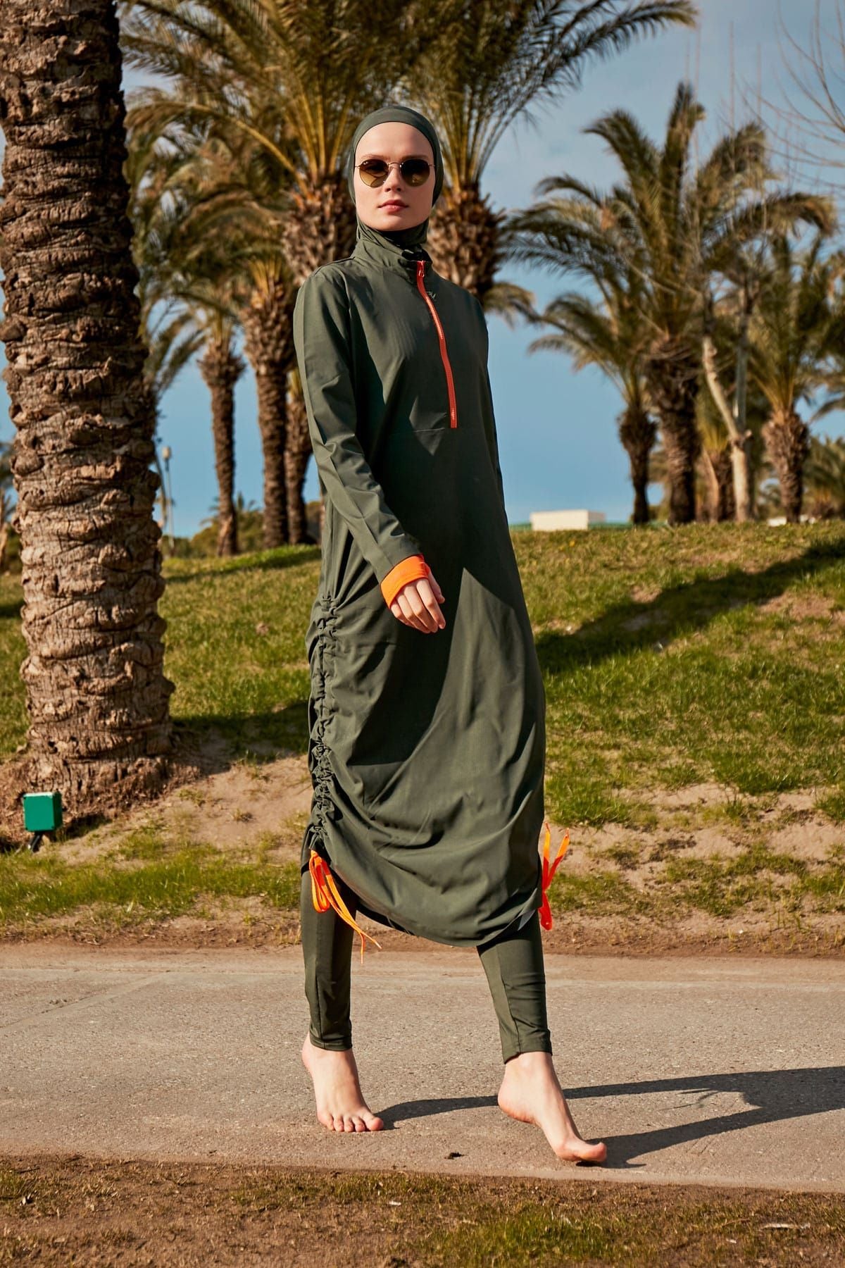 Paraşüt Kumaş Haki Tam Kapalı Tesettür Mayo M2413