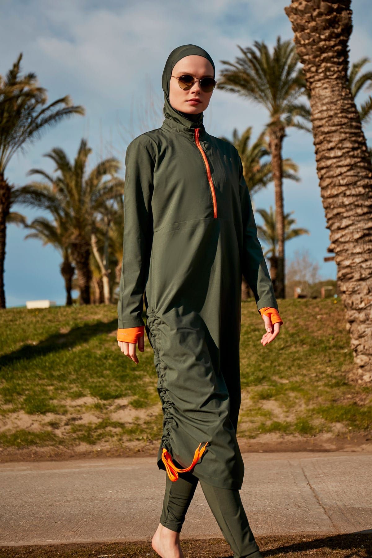 Paraşüt Kumaş Haki Tam Kapalı Tesettür Mayo M2413