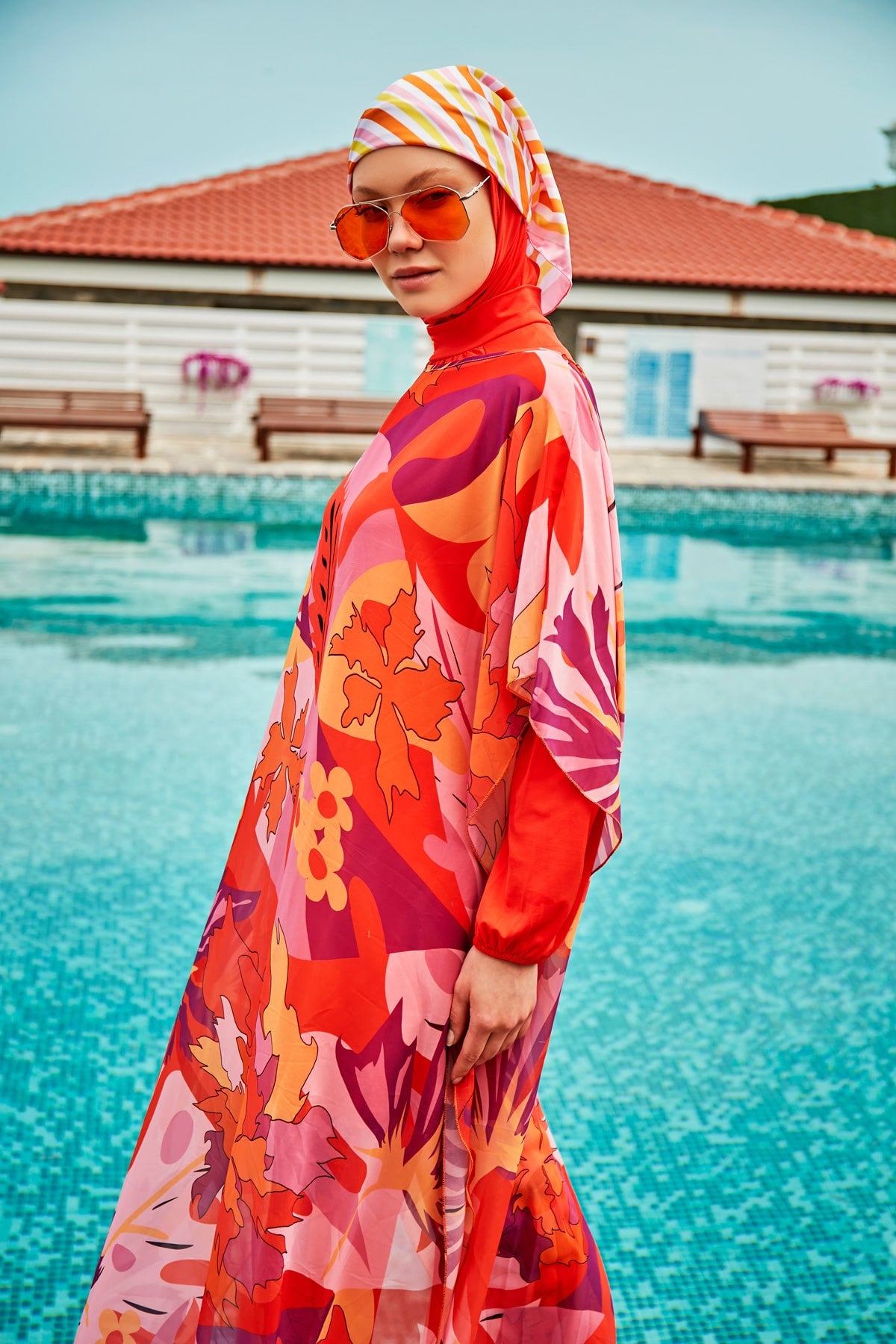 Çiçekli Turuncu Plaj Pareo Kaftan – P2336 Ürün ikincil görseli