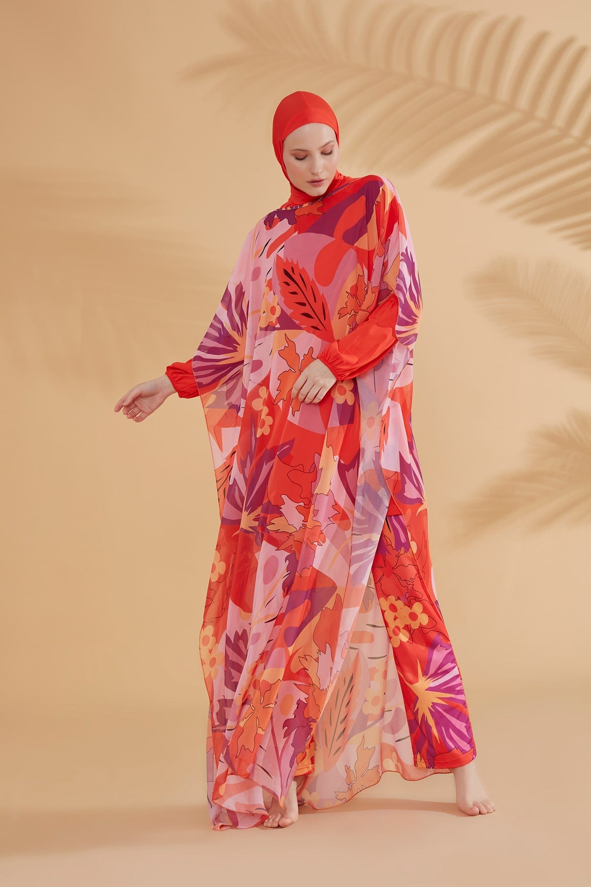 Çiçekli Turuncu Plaj Pareo Kaftan – P2336