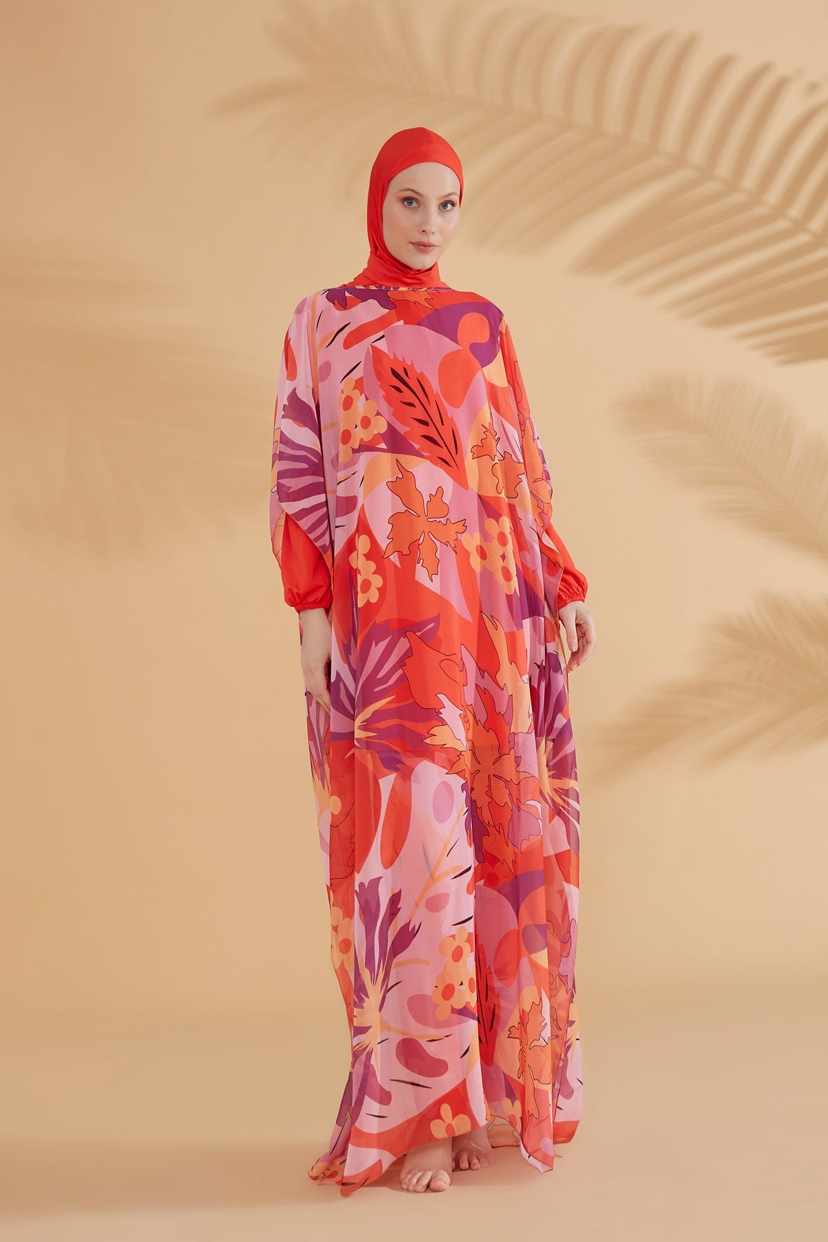 Çiçekli Turuncu Plaj Pareo Kaftan – P2336