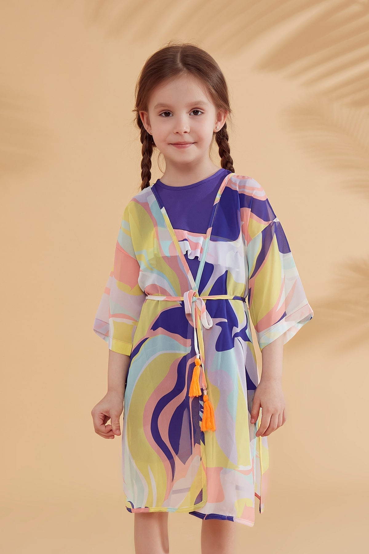 Çocuk Desenli Renkli Plaj Kimono Kaftan – P2333