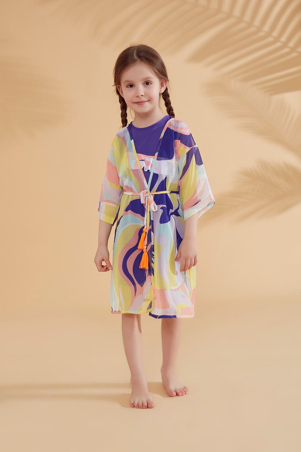 Çocuk Desenli Renkli Plaj Kimono Kaftan – P2333