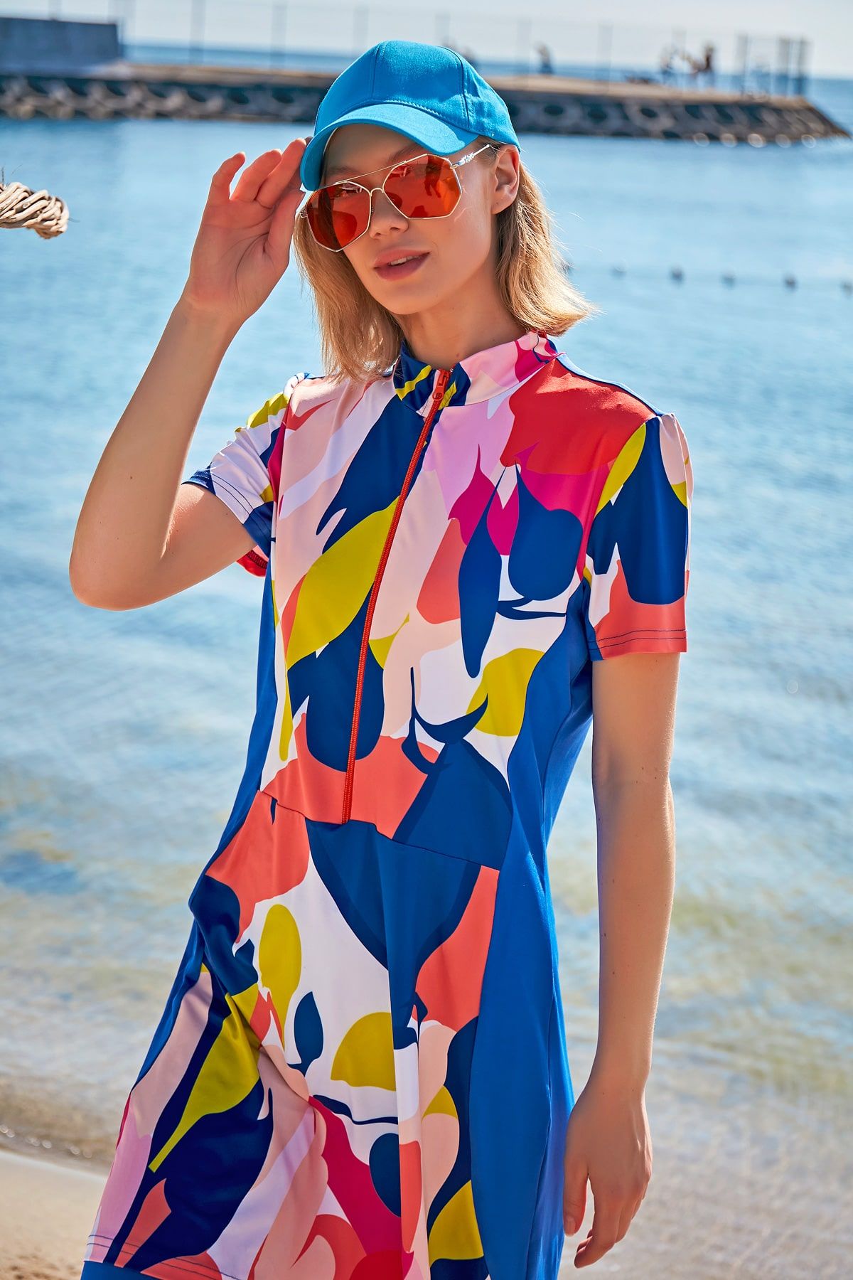 Desenli Saks Taytlı Yarı Kapalı Mayo M2371