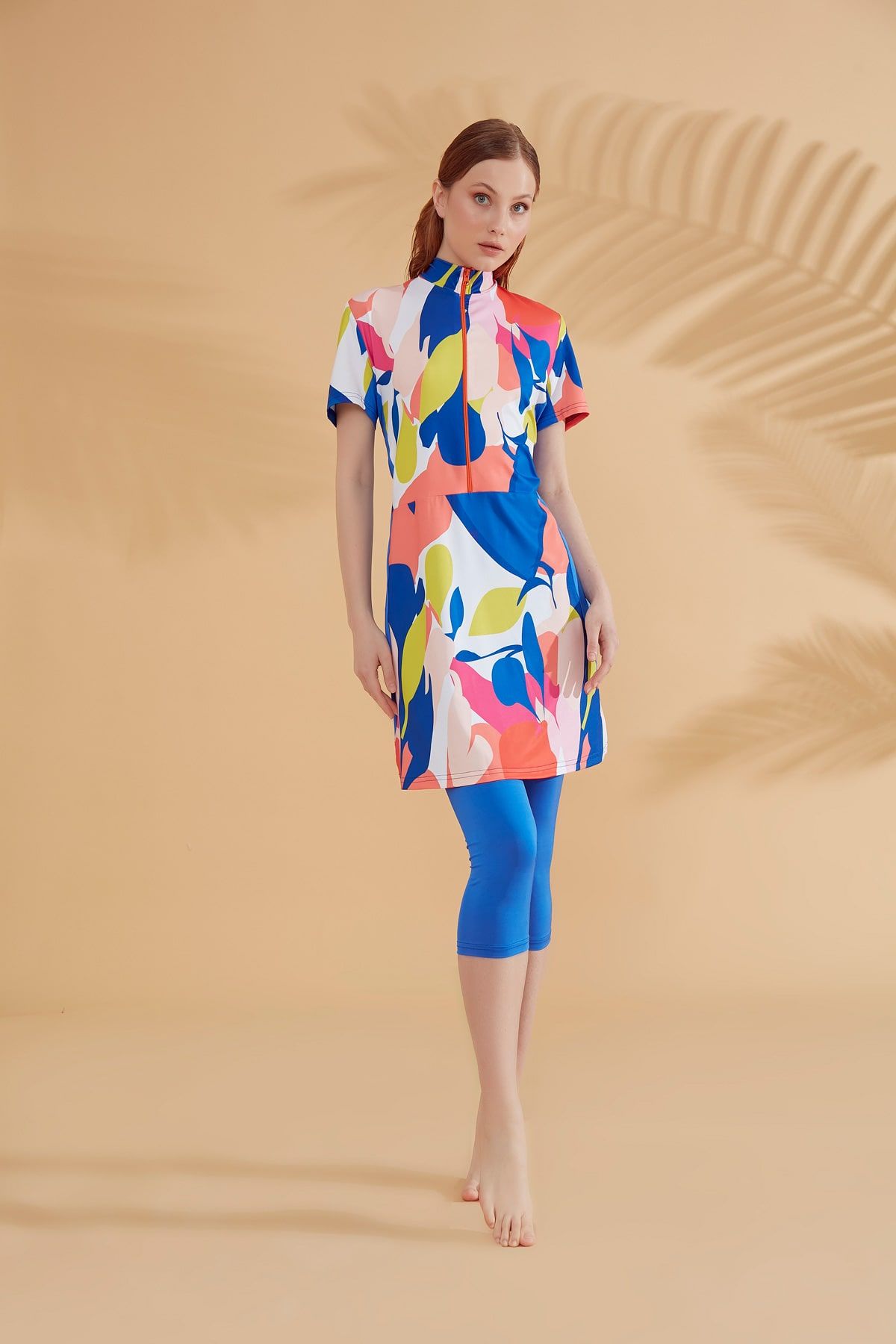 Desenli Saks Taytlı Yarı Kapalı Mayo M2371