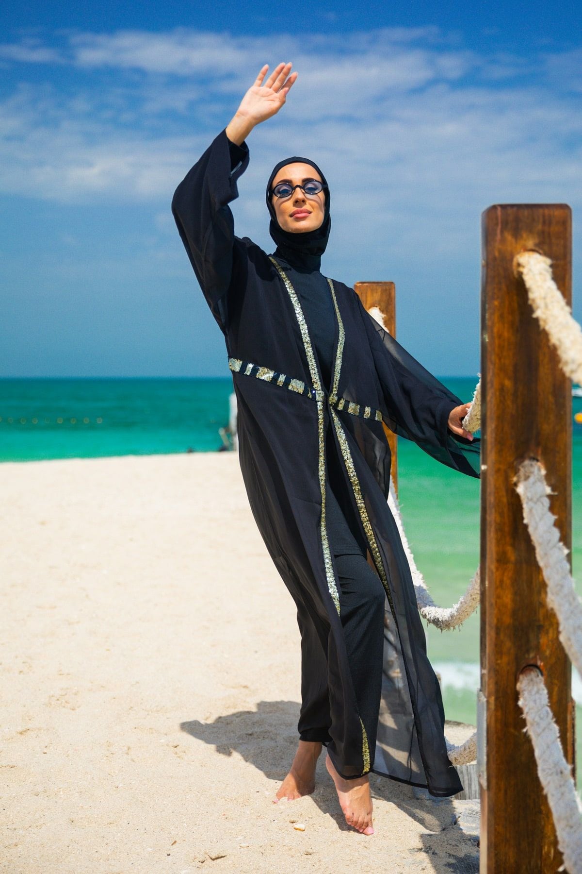 Payetli Siyah Kimono Kaftan P2346