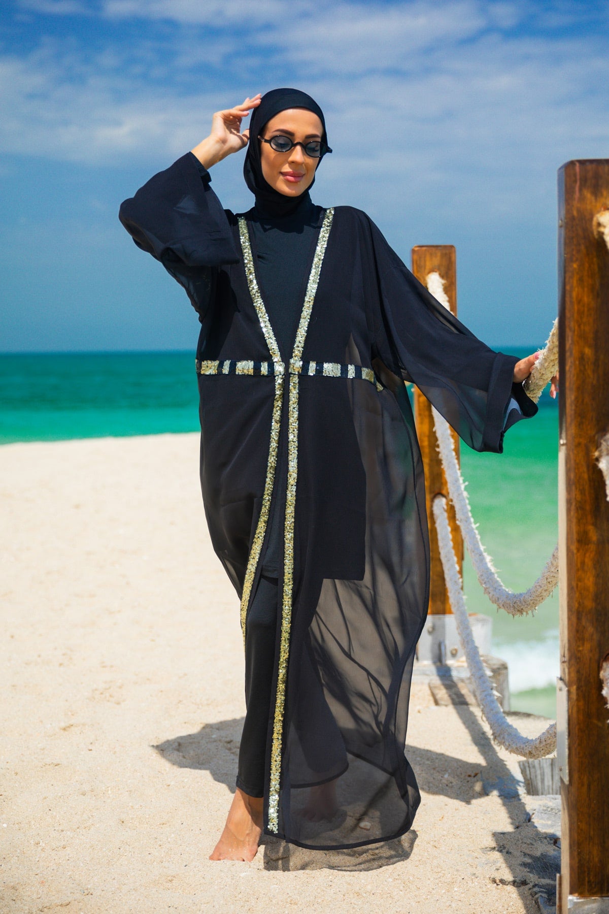 Payetli Siyah Plaj Kimono Kaftan – P2346