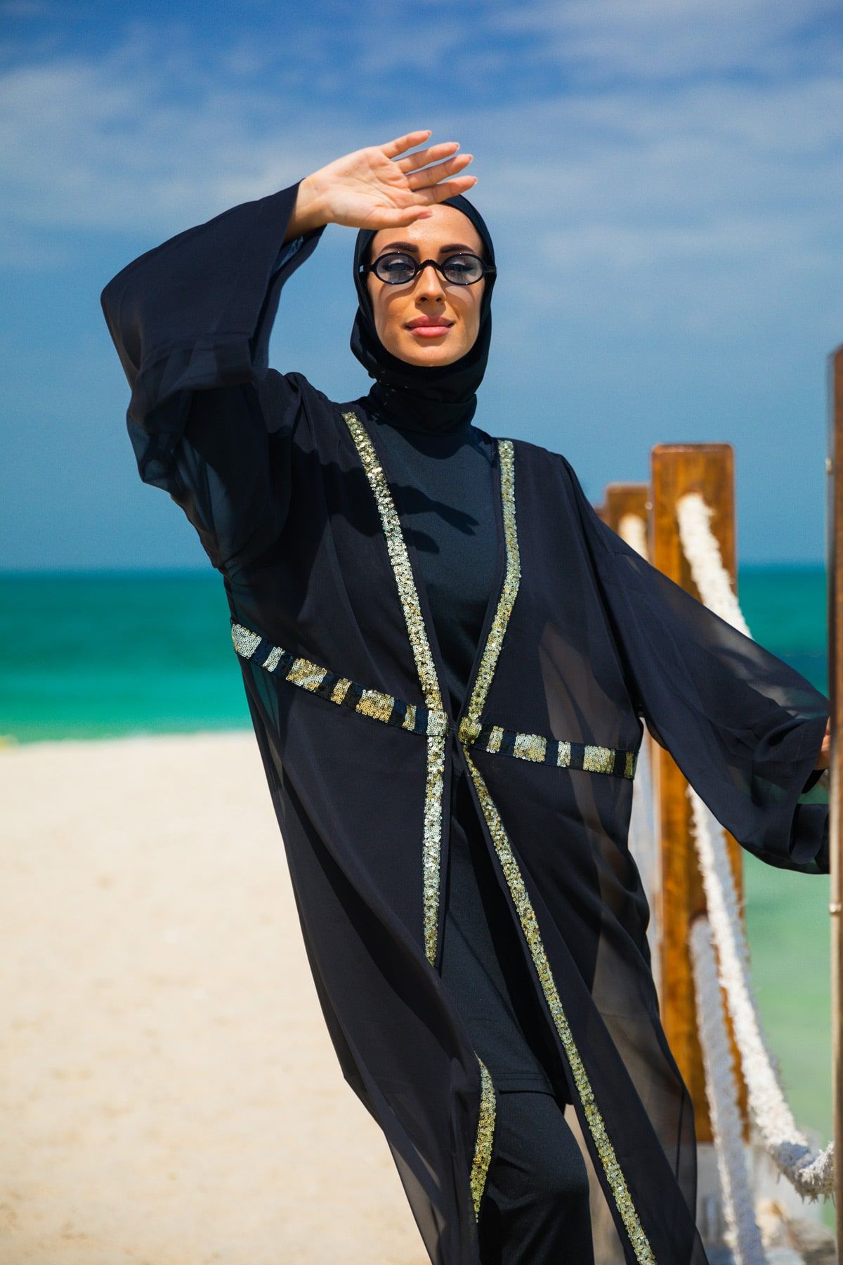 Payetli Siyah Kimono Kaftan P2346