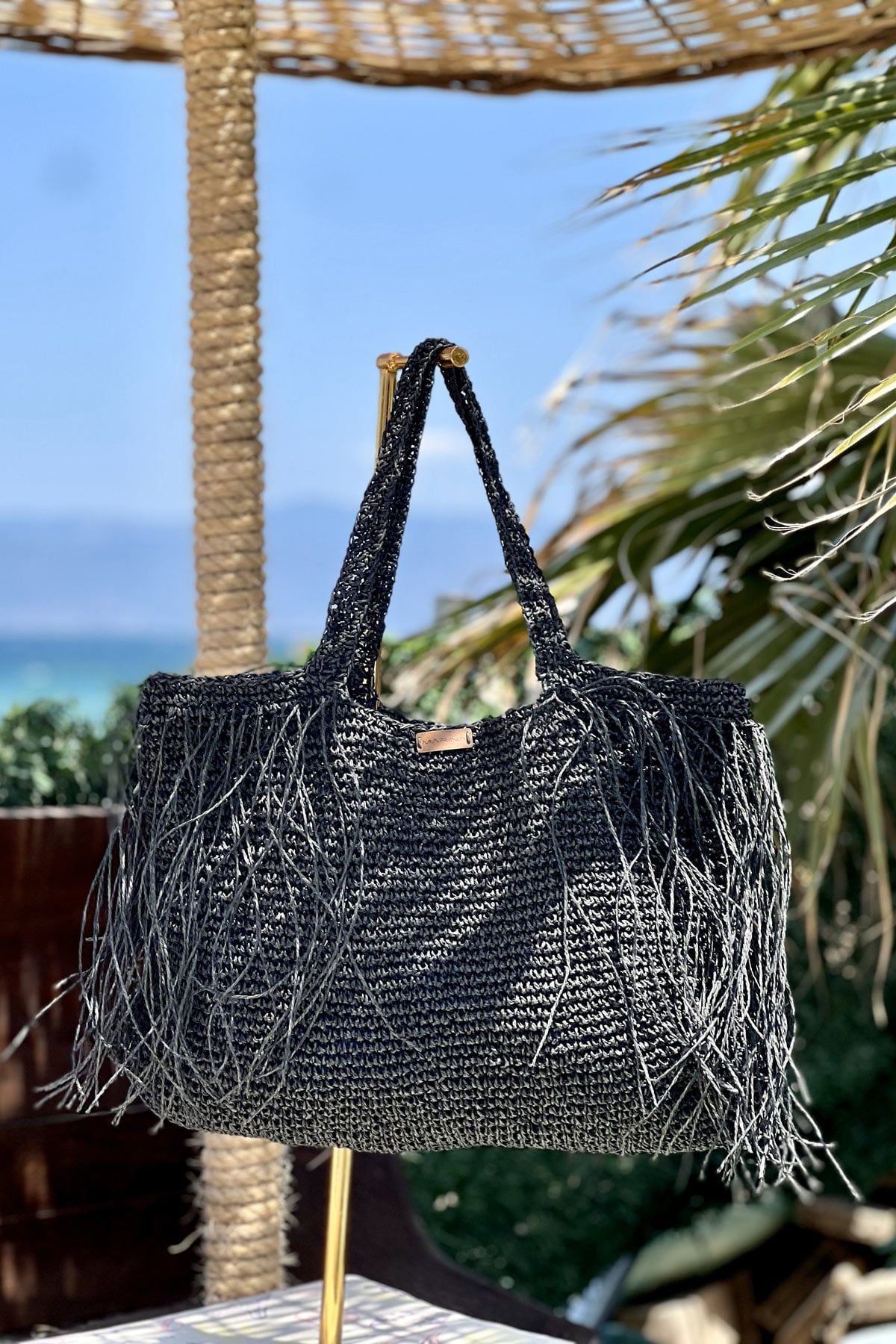 El Örgüsü Siyah Hasır Çanta C2424