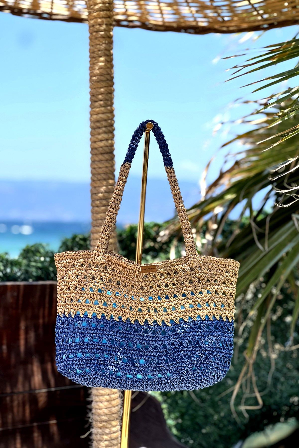 El Örgüsü Mavi Bej Hasır Çanta C2418 Ürün ana görseli