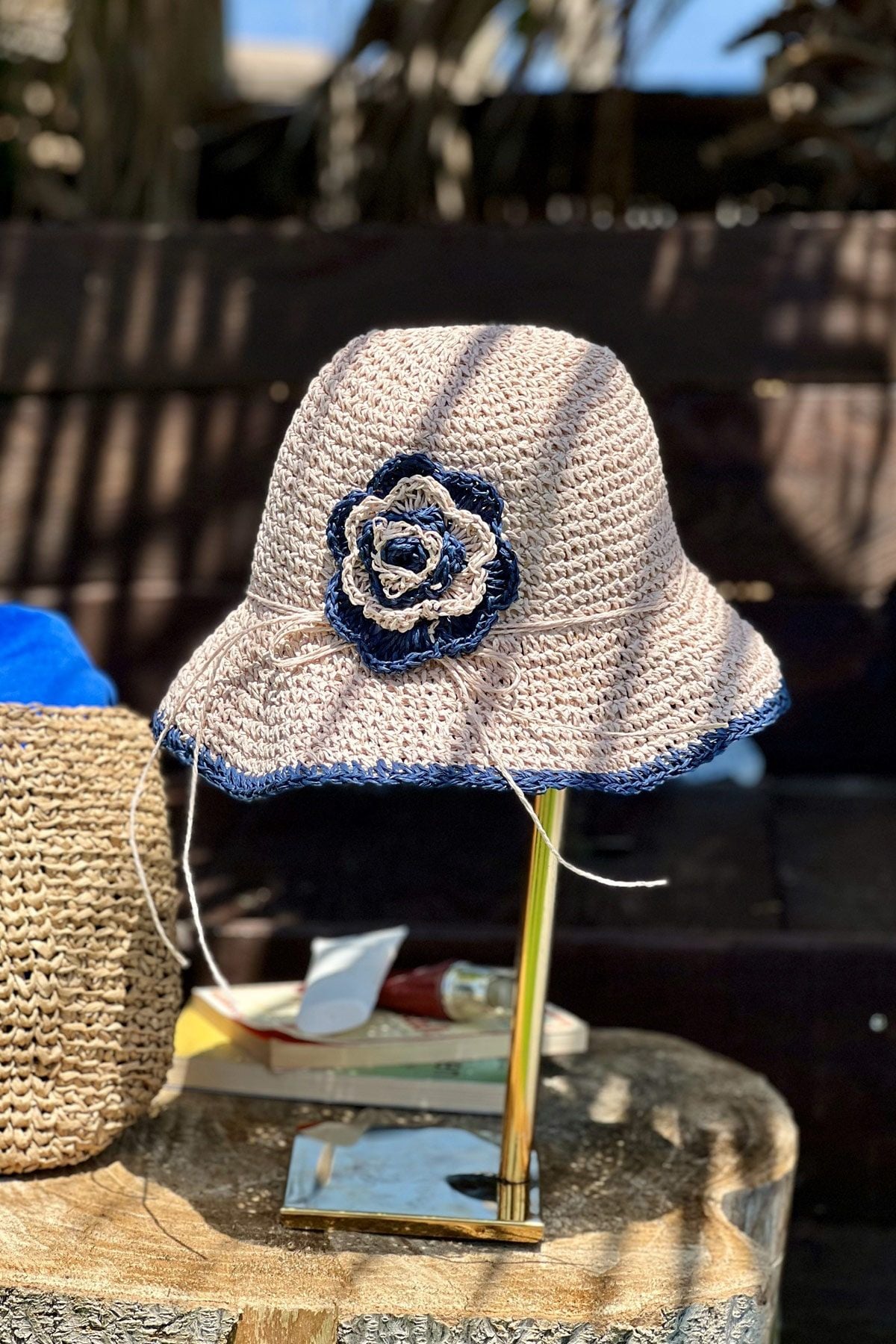 El Örgüsü Çiçekli Pudra Hasır Şapka 14520